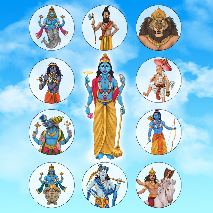 The Hindu deity Vishnu, surrounded by his avatars. The one on the horse will be the last to appear and will rid the world of evil.